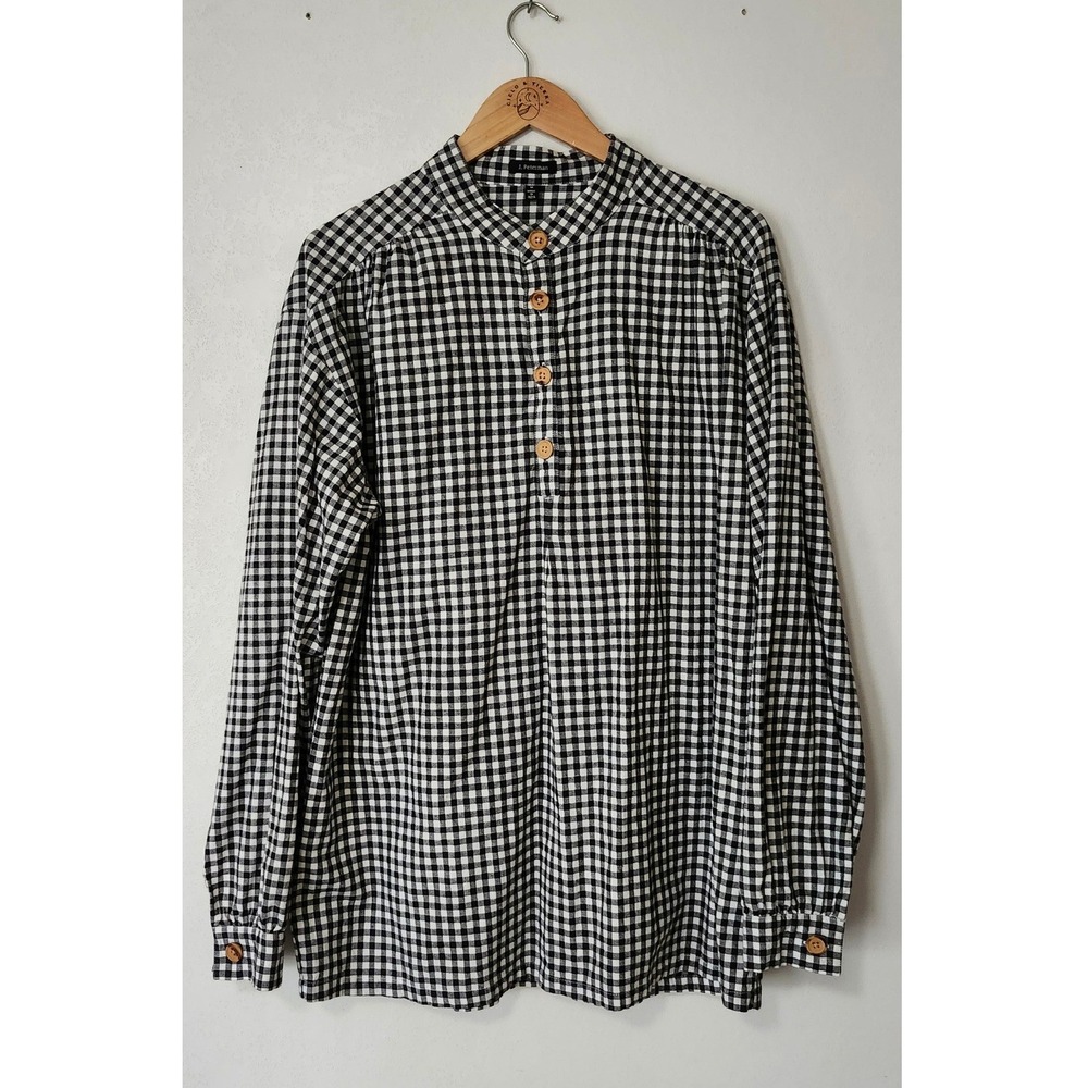 J. Peterman Gingham Popover Shirt Mens Medium Grandad Collar Black White